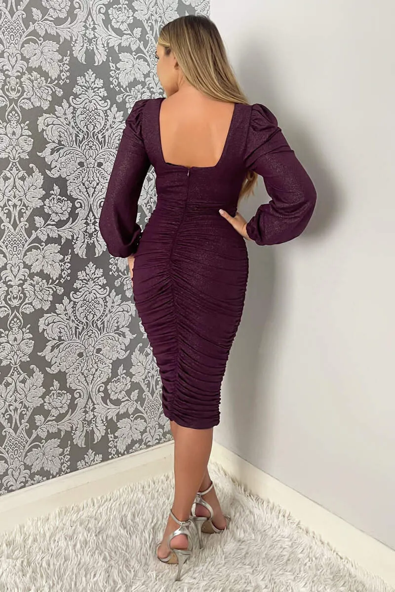 Plum Square Neck Long Sleeve Ruched Shimmer Midi Dress sold by AX Paris product image thumbnail 4