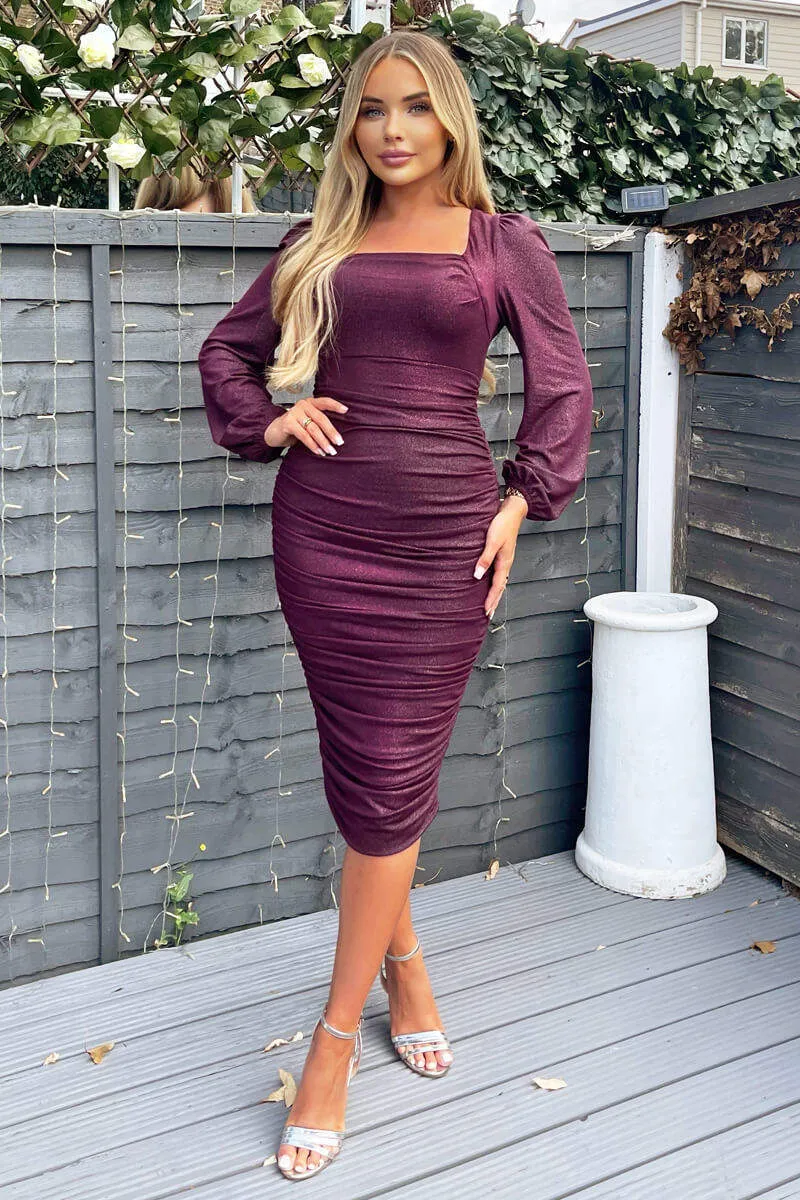 Plum Square Neck Long Sleeve Ruched Shimmer Midi Dress sold by AX Paris product image thumbnail 2