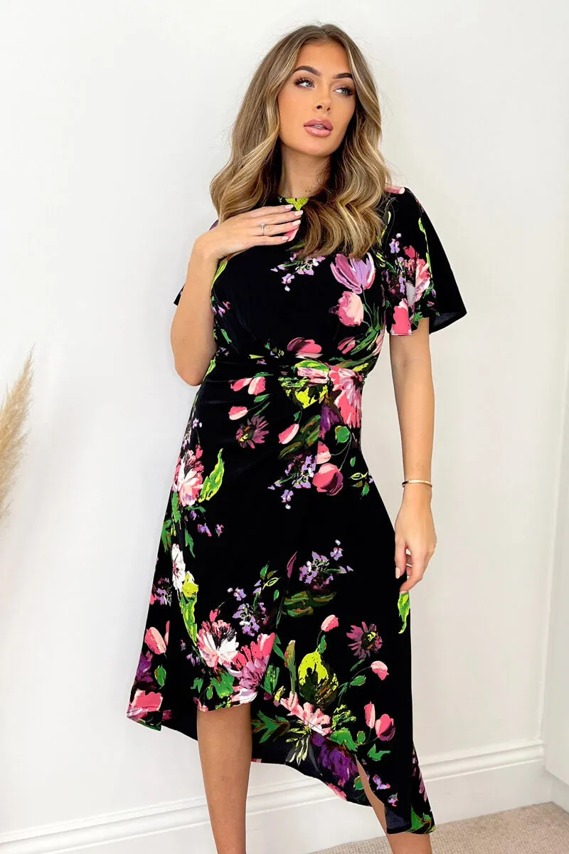Black Floral Printed Short Sleeve Gathered Side Midi Dress sold by AX Paris product image thumbnail 4