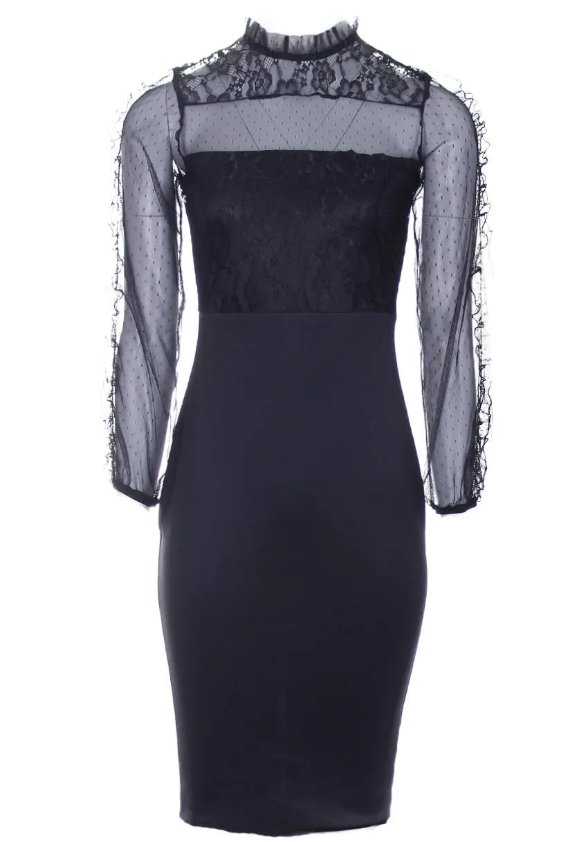Black Lace Sheer Sleeve Midi Dress sold by AX Paris product image thumbnail 4
