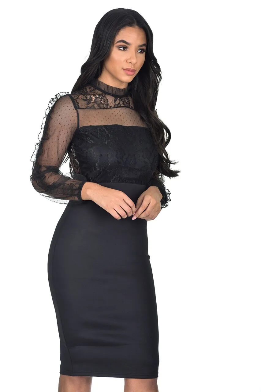 Black Lace Sheer Sleeve Midi Dress sold by AX Paris