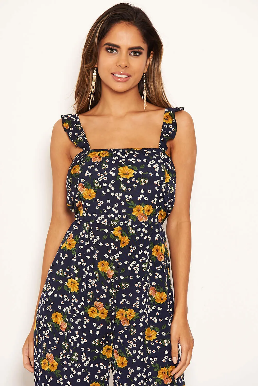 Navy Mixed Floral Frill Sleeve Jumpsuit sold by AX Paris product image thumbnail 4