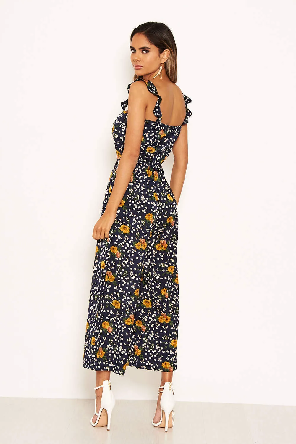Navy Mixed Floral Frill Sleeve Jumpsuit sold by AX Paris product image thumbnail 5