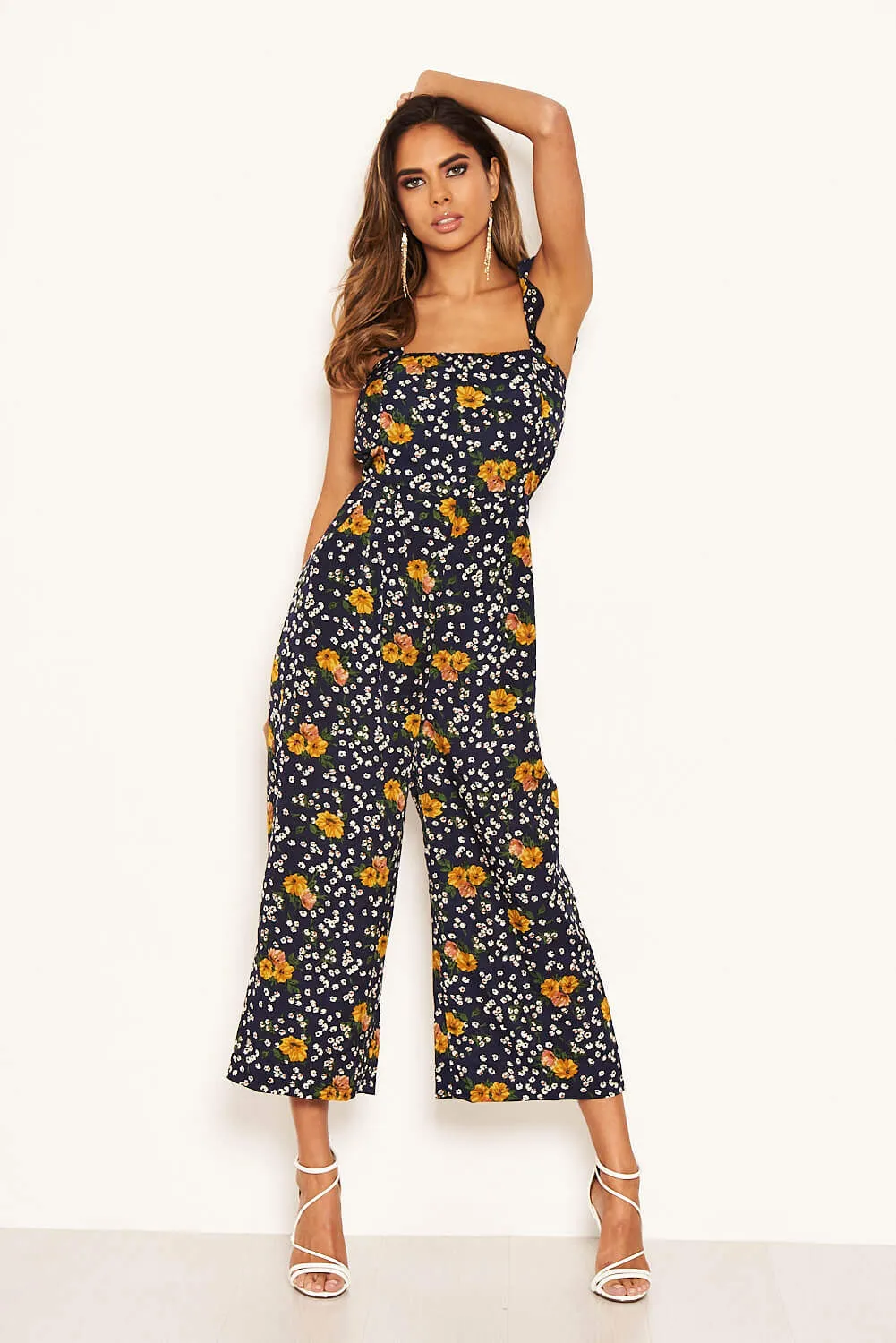 Navy Mixed Floral Frill Sleeve Jumpsuit sold by AX Paris product image thumbnail 3