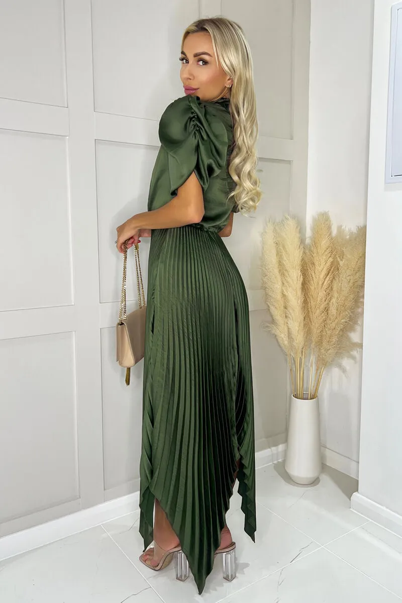 Olive High Neck Puff Sleeve Zig Zag Hem Pleated Midi Dress sold by AX Paris product image thumbnail 3