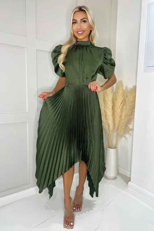 Olive High Neck Puff Sleeve Zig Zag Hem Pleated Midi Dress sold by AX Paris