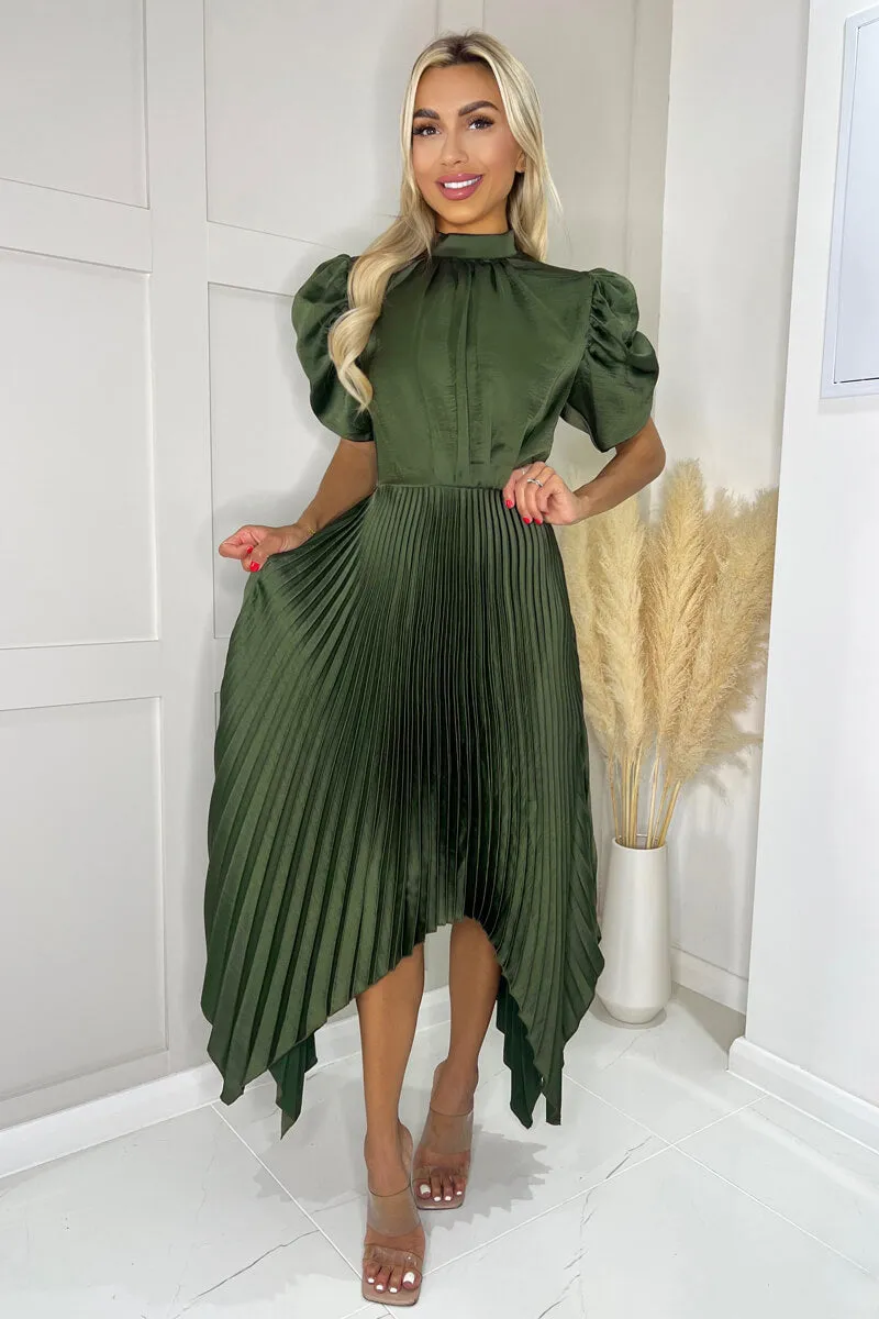 Olive High Neck Puff Sleeve Zig Zag Hem Pleated Midi Dress sold by AX Paris