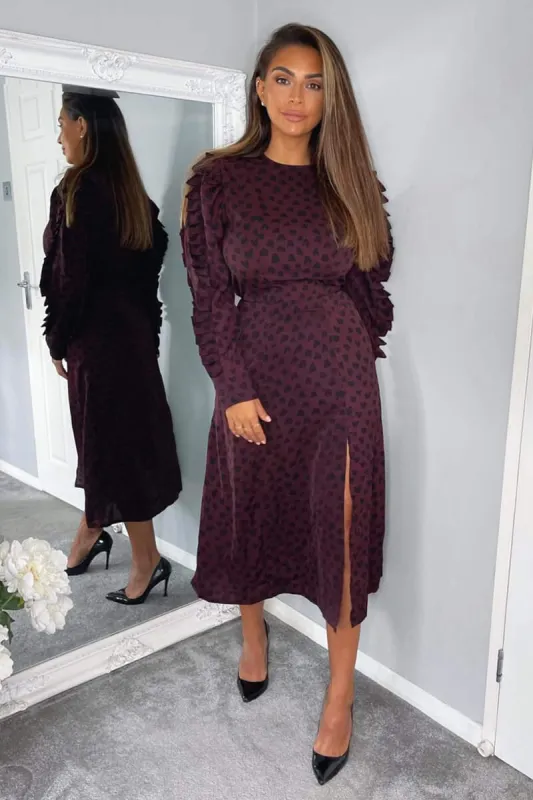 Plum Printed Long Pleated Sleeve Midi Dress sold by AX Paris