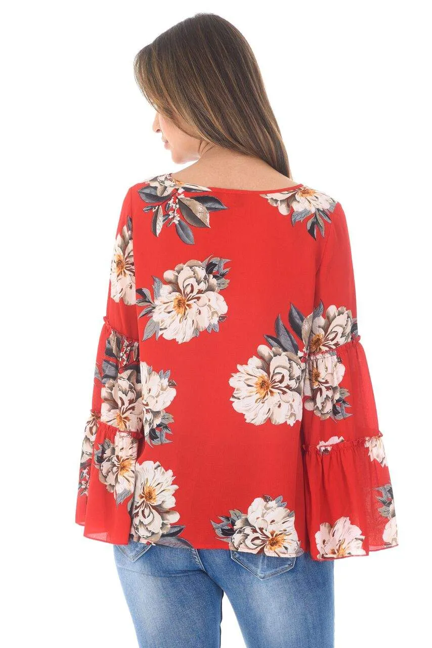 Red Foral Printed Double Frill Sleeve Top sold by AX Paris product image thumbnail 3