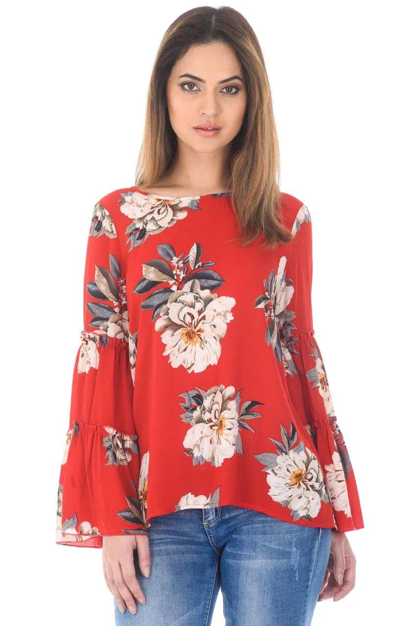 Red Foral Printed Double Frill Sleeve Top sold by AX Paris