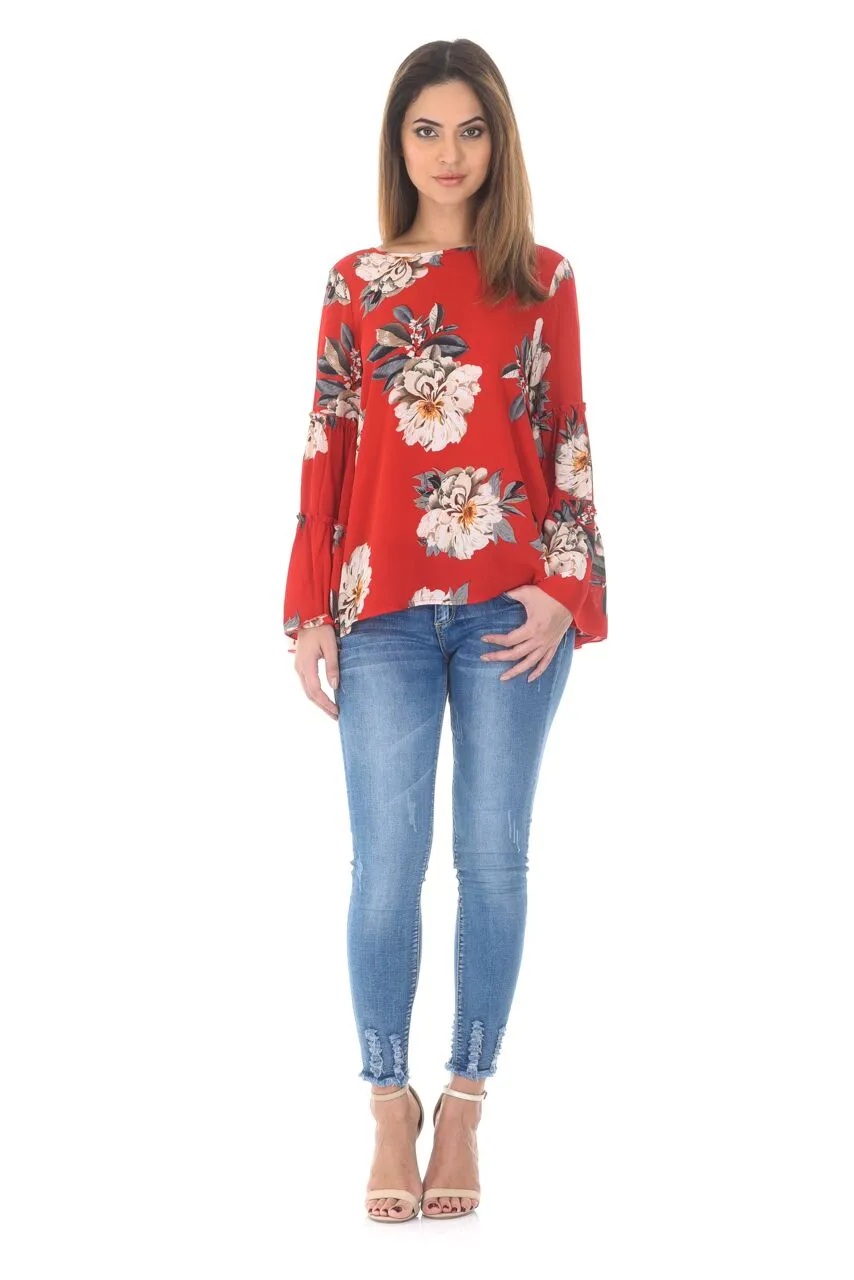 Red Foral Printed Double Frill Sleeve Top sold by AX Paris product image thumbnail 2