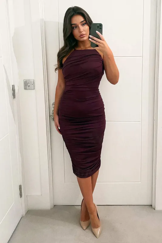 Plum Ruched Pleated Top Midi Dress sold by AX Paris