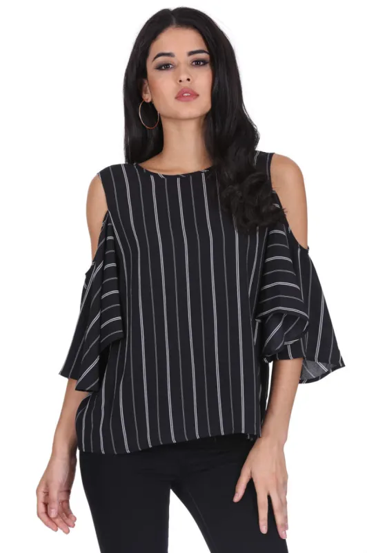 Black Striped Cut Out Shoulder Top sold by AX Paris