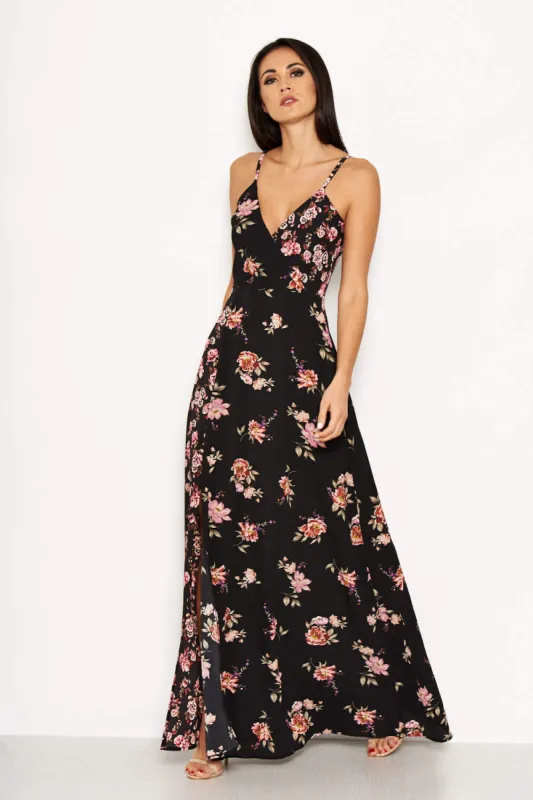 Black Floral V Neck Maxi Dress sold by AX Paris