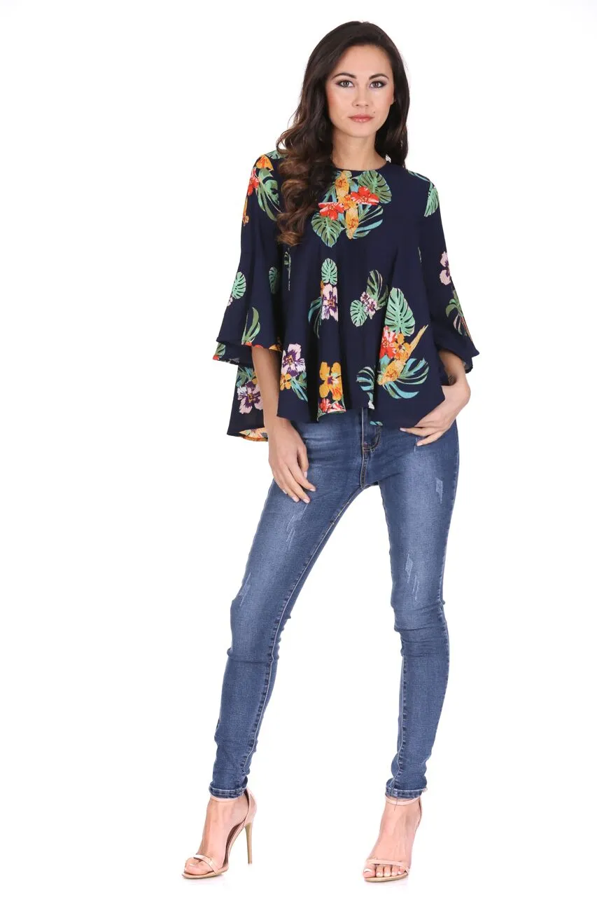 Navy Floral Flared Sleeve Top sold by AX Paris product image thumbnail 2