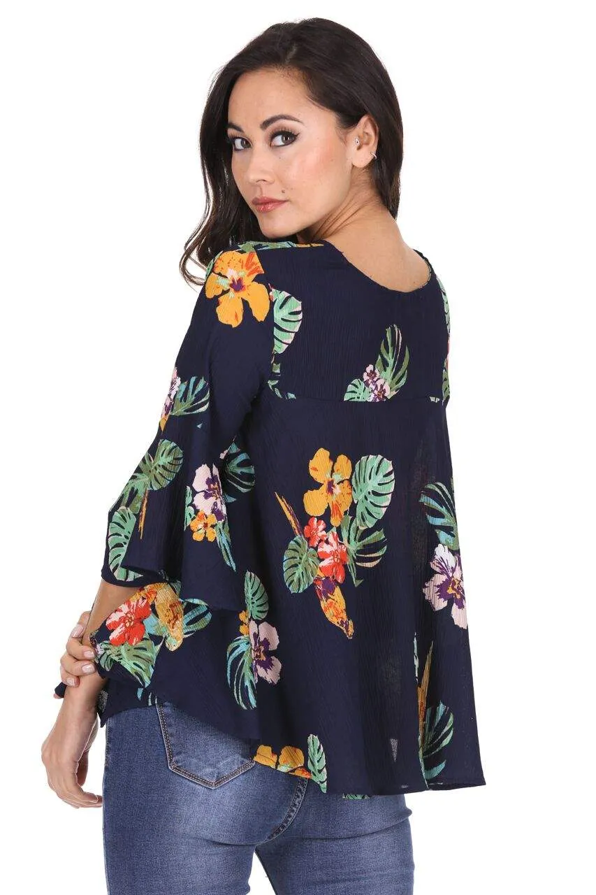 Navy Floral Flared Sleeve Top sold by AX Paris product image thumbnail 3