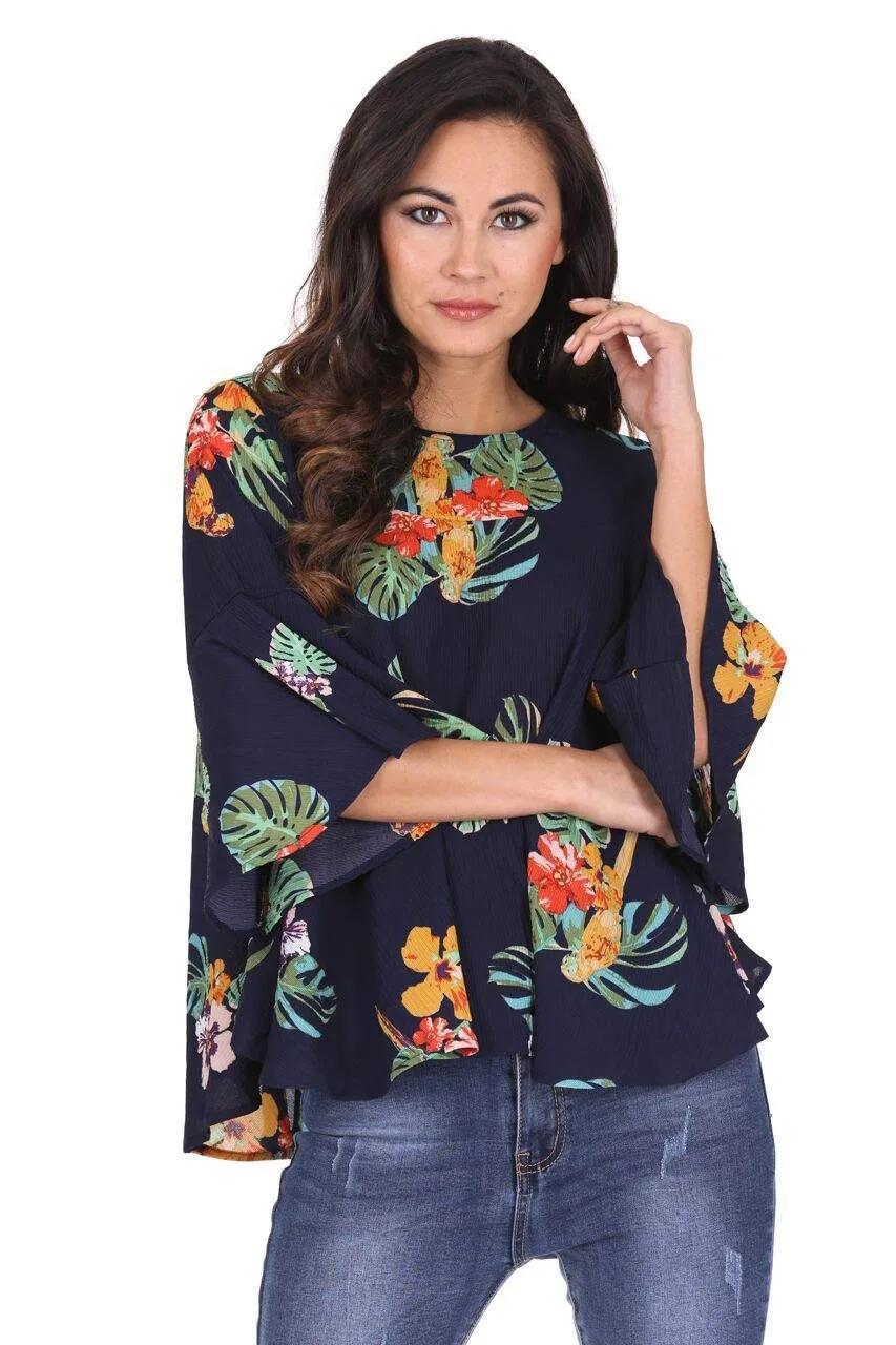 Navy Floral Flared Sleeve Top sold by AX Paris