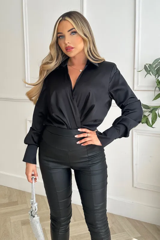 Black Satin Wrap Shirt Bodysuit sold by AX Paris