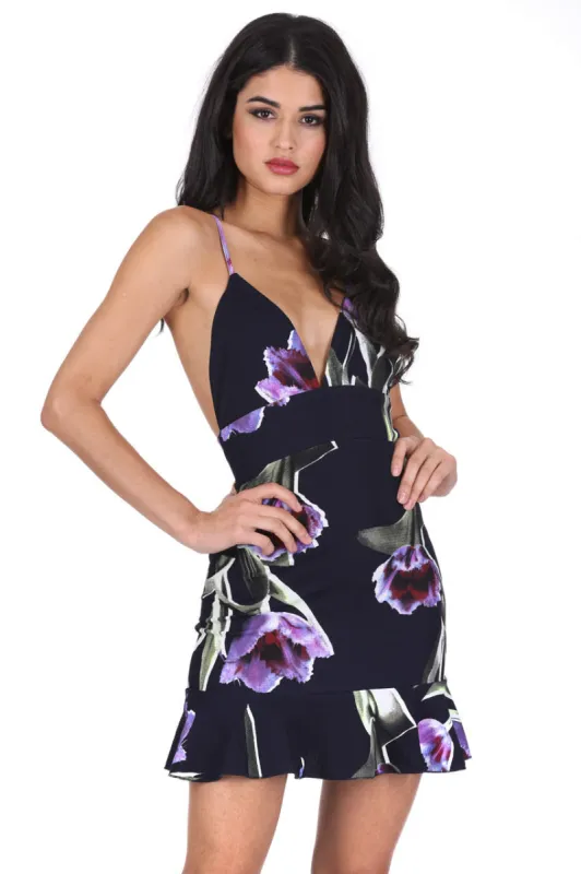Navy Floral Frill Hem Mini Dress sold by AX Paris