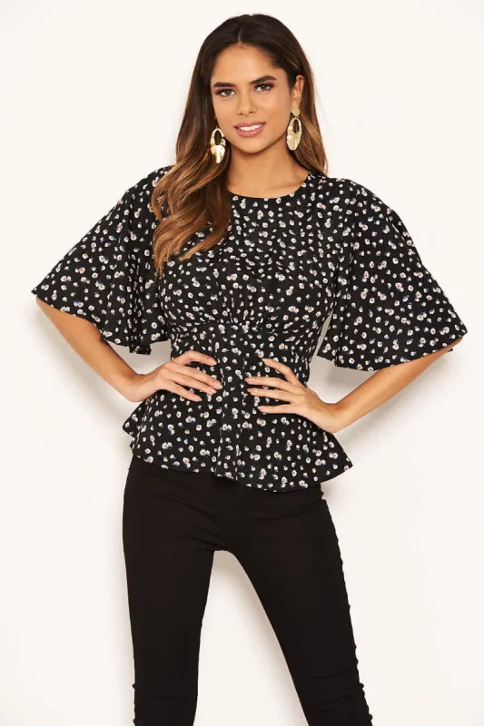 Black Ditsy Floral Flared Blouse sold by AX Paris