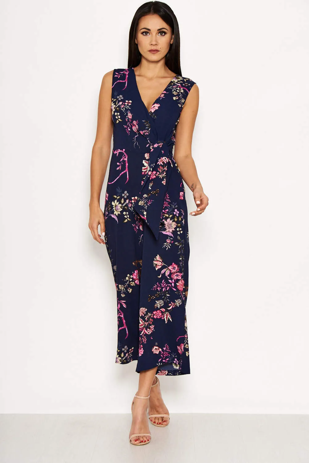 Navy Floral Wrap Culotte Jumpsuit sold by AX Paris