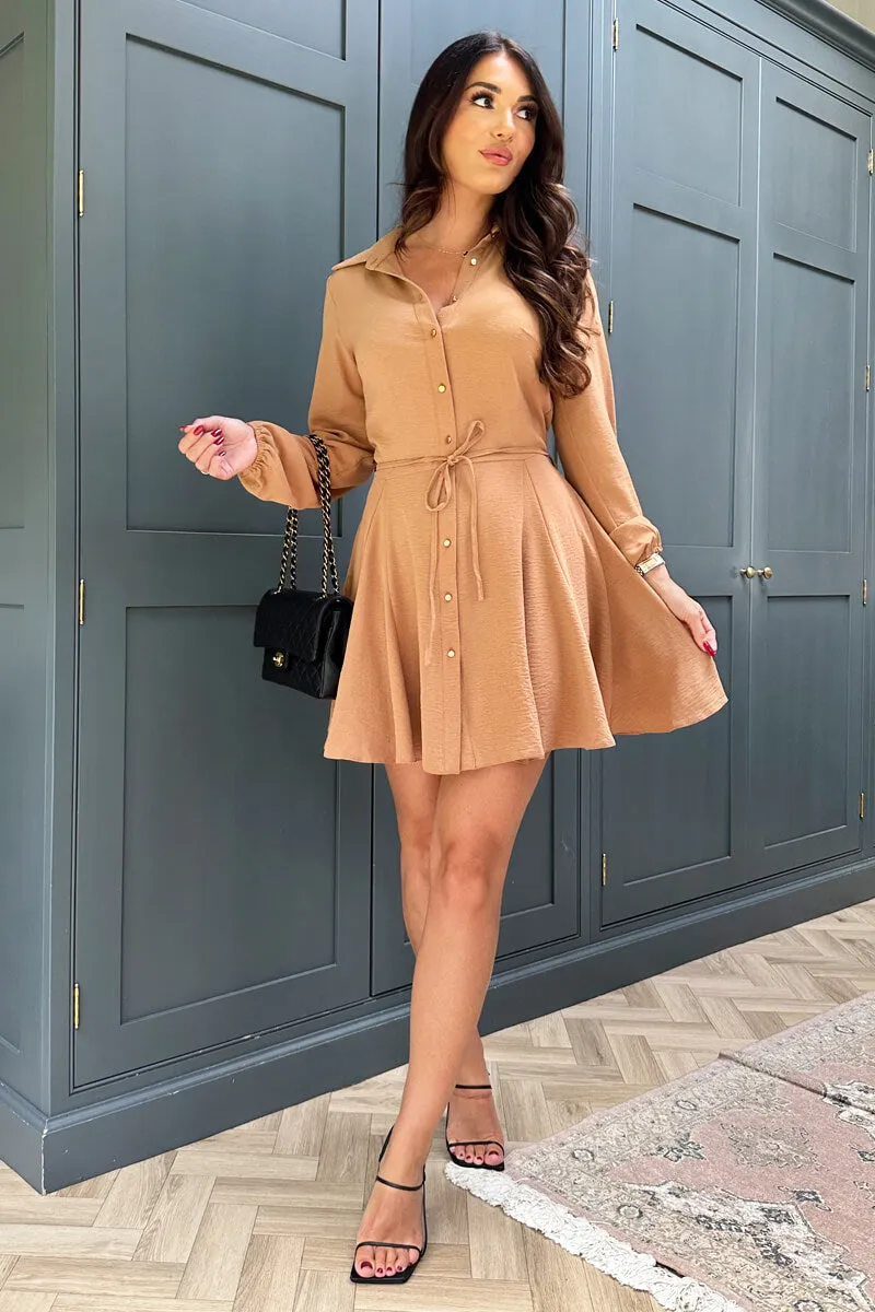 Camel Long Sleeve Button Front Skater Shirt Dress sold by AX Paris product image thumbnail 3