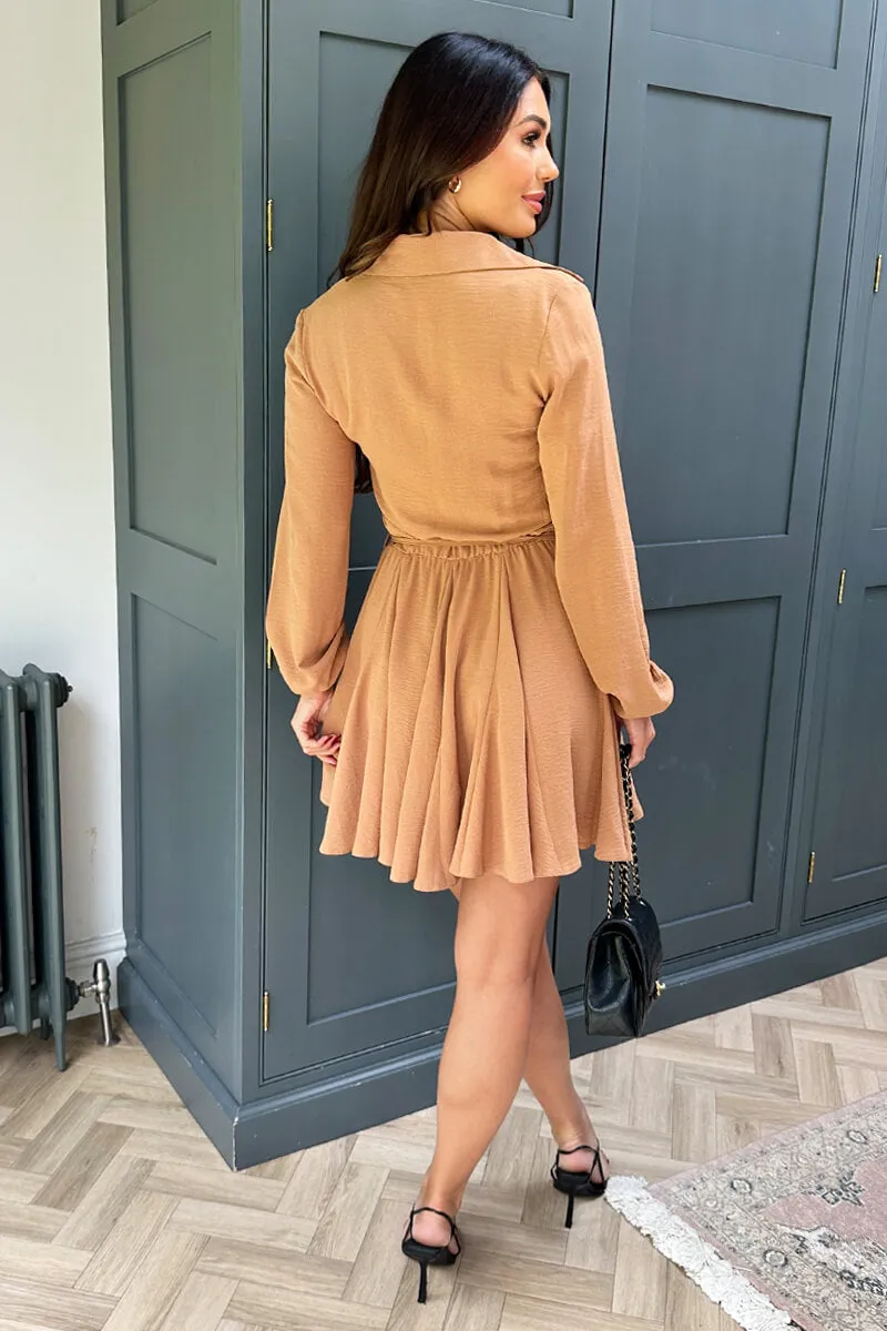 Camel Long Sleeve Button Front Skater Shirt Dress sold by AX Paris product image thumbnail 5
