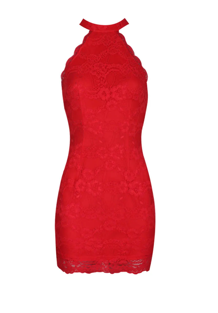 Red Halter Lace Mini Dress sold by AX Paris product image thumbnail 4