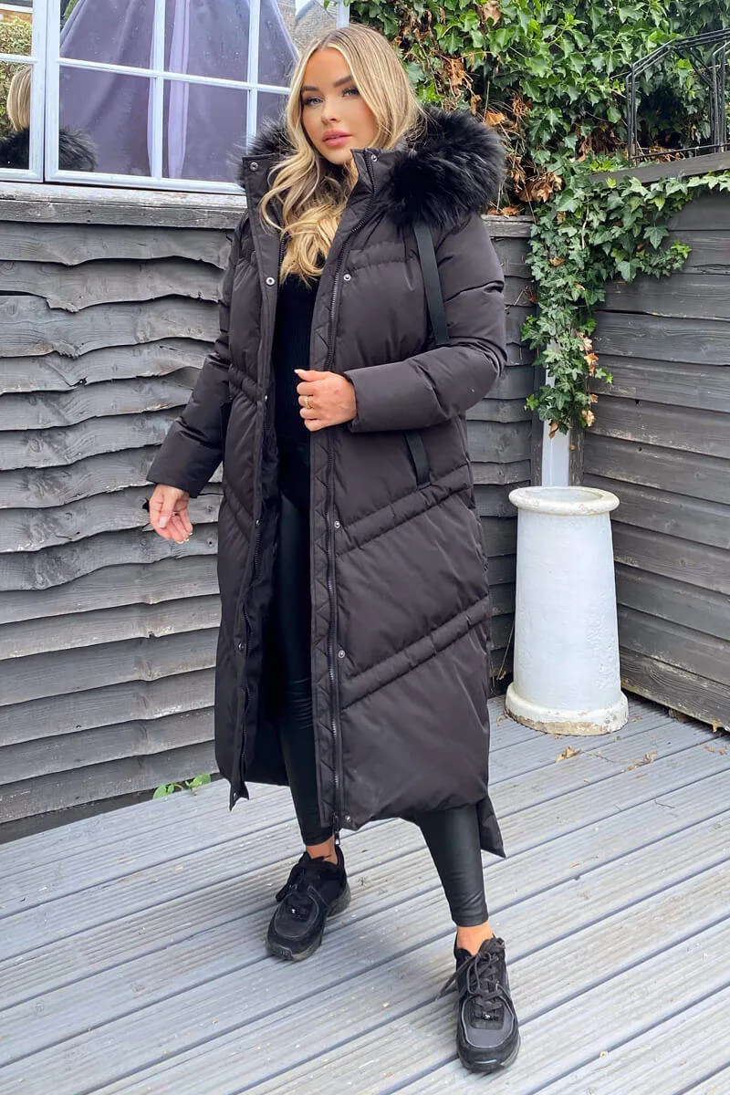 Black Faux Fur Trim Hooded Puffer Coat sold by AX Paris