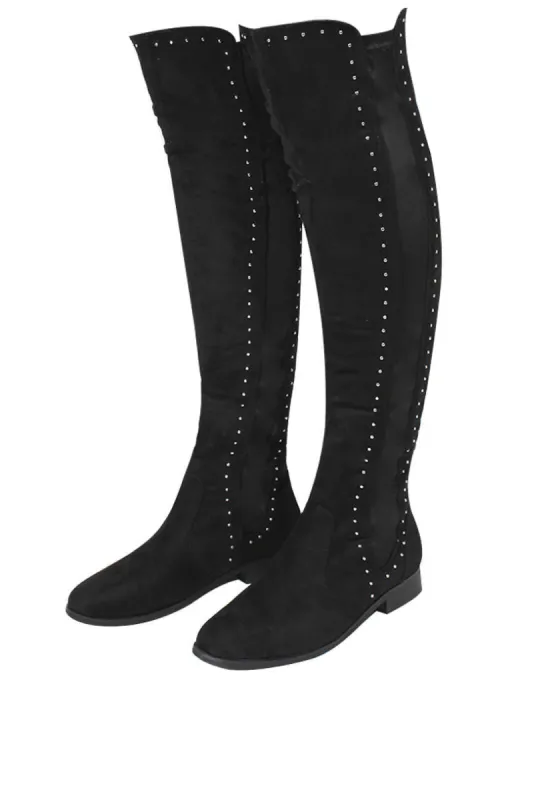 Black Suede Knee High Studded Boots sold by AX Paris