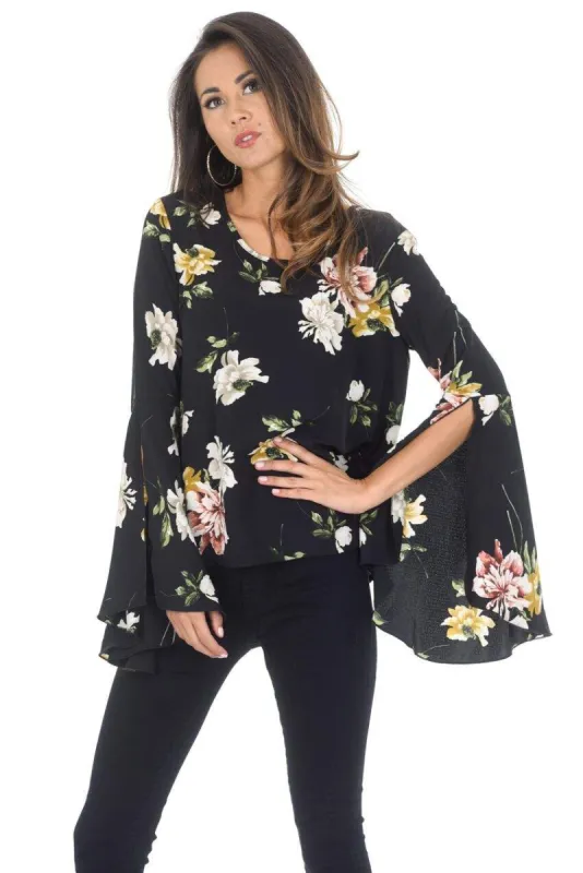 Black Floral Bell Sleeve Top sold by AX Paris