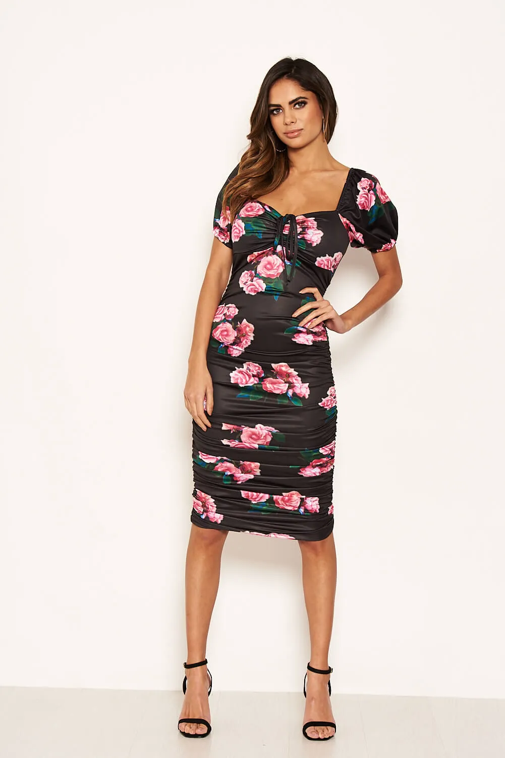 Black Rose Printed Ruched Tie Neck Midi Dress sold by AX Paris product image thumbnail 2