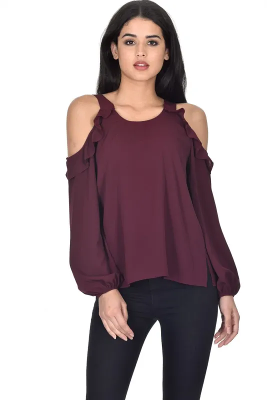 Plum Long Sleeve Frill Cold Shoulder Top sold by AX Paris