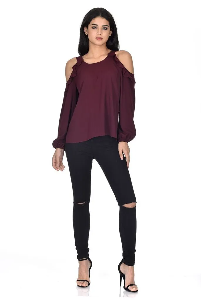 Plum Long Sleeve Frill Cold Shoulder Top sold by AX Paris product image thumbnail 2