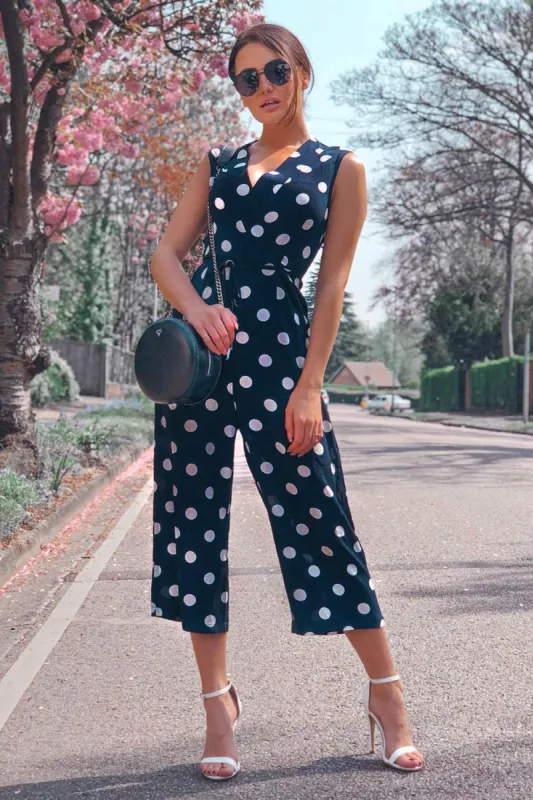 Navy Polka Dot Tie Waist Jumpsuit sold by AX Paris