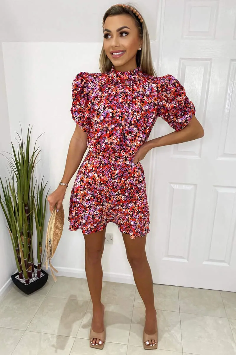 Red Abstract Floral Puff Sleeve Skater Dress sold by AX Paris product image thumbnail 2