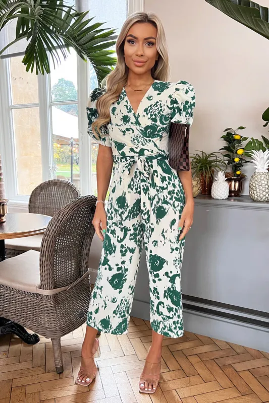 Cream And Green Printed Wrap Over Tie Waist Jumpsuit sold by AX Paris
