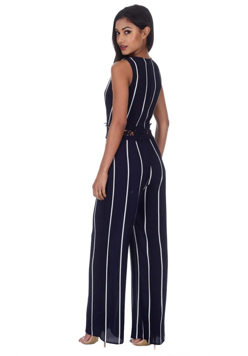 Navy Striped Crochet Detail Flared Leg Jumpsuit sold by AX Paris product image thumbnail 3
