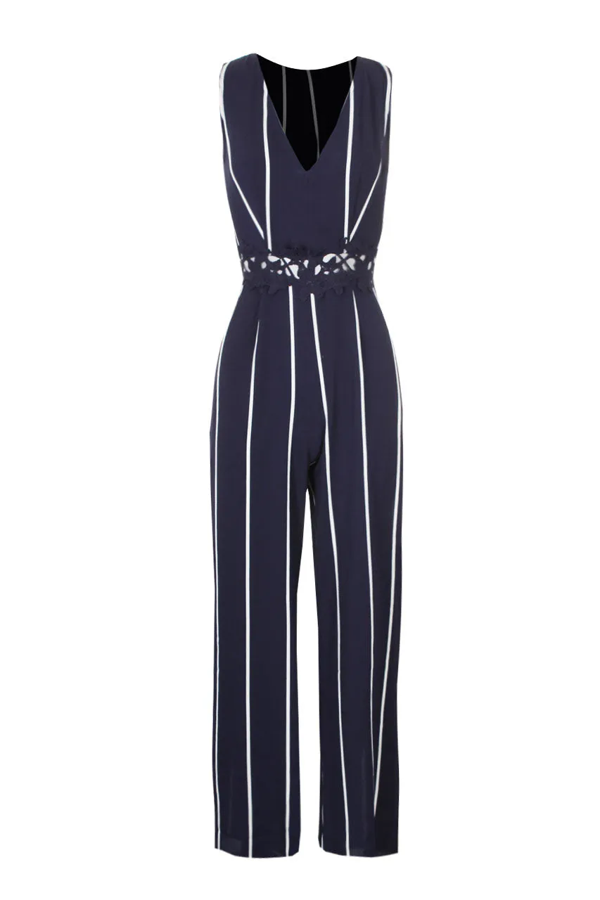 Navy Striped Crochet Detail Flared Leg Jumpsuit sold by AX Paris product image thumbnail 4