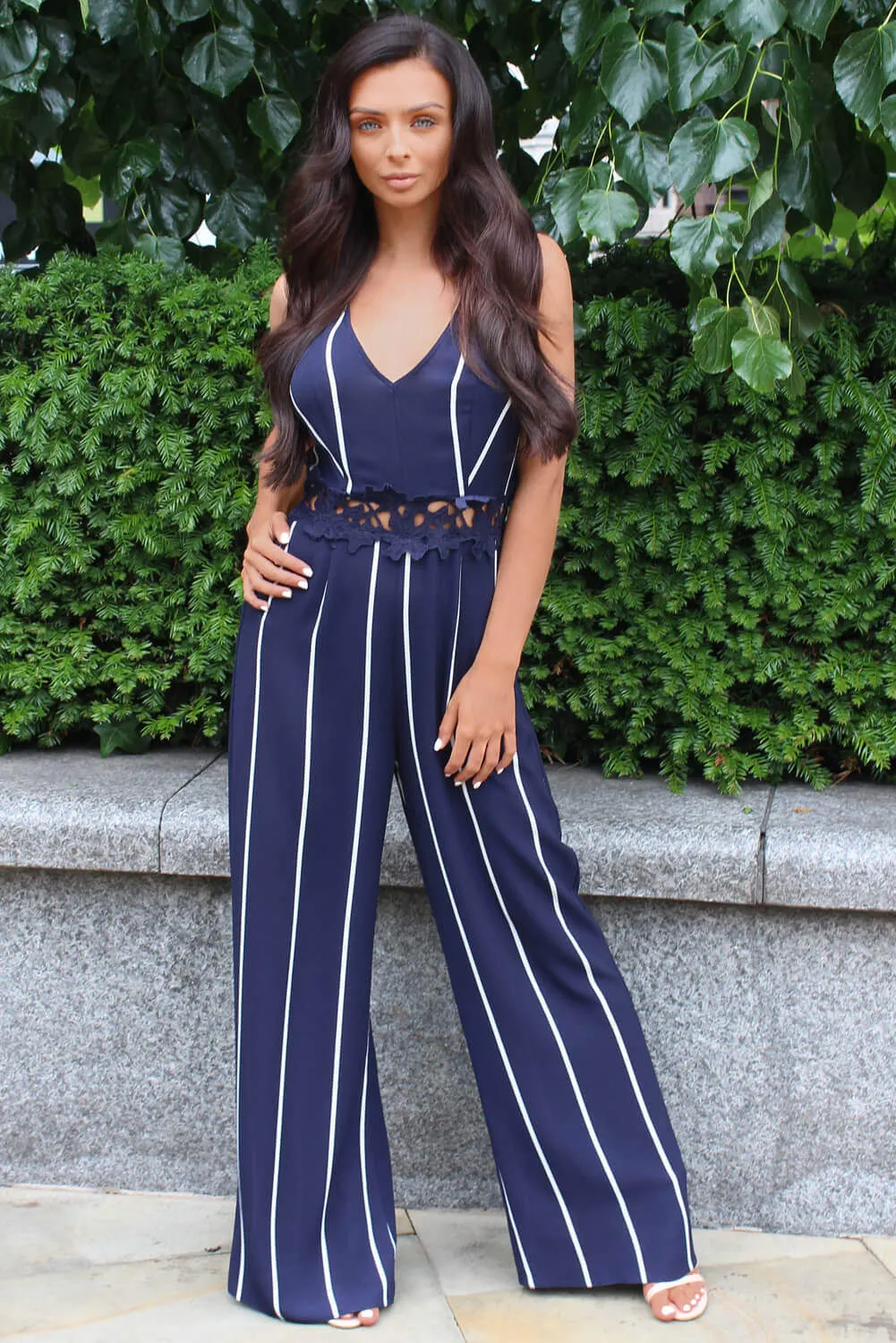Navy Striped Crochet Detail Flared Leg Jumpsuit sold by AX Paris