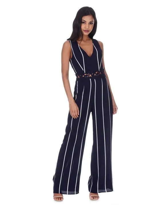 Navy Striped Crochet Detail Flared Leg Jumpsuit sold by AX Paris product image thumbnail 2