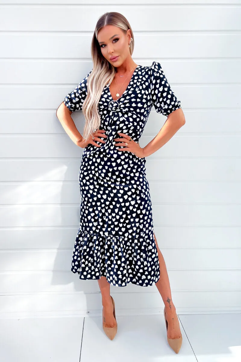 Navy Heart Printed Hoop Knot Short Sleeve Midi Dress sold by AX Paris product image thumbnail 2