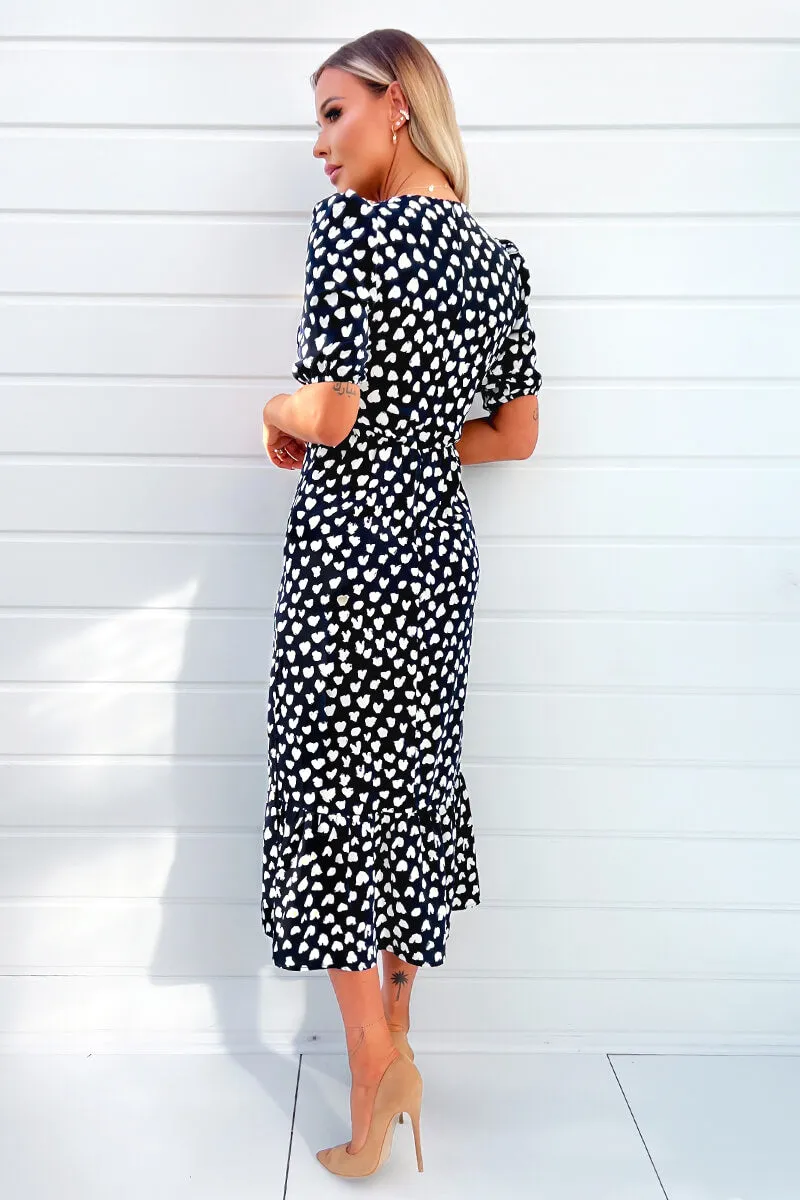 Navy Heart Printed Hoop Knot Short Sleeve Midi Dress sold by AX Paris product image thumbnail 4