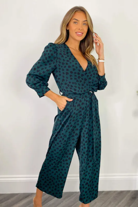 Teal Heart Printed Belted Jumpsuit sold by AX Paris