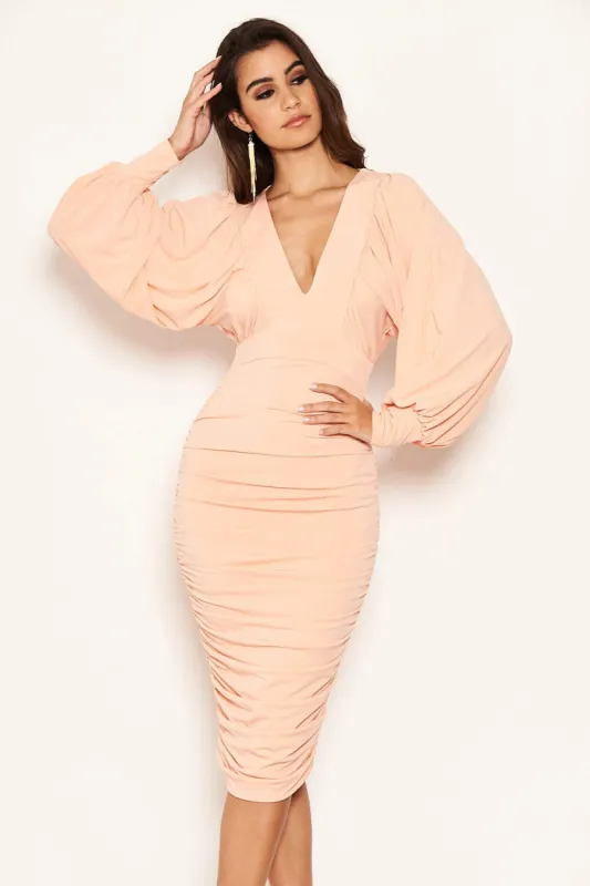 Peach Flared Sleeve V Neck Ruched Midi Dress sold by AX Paris