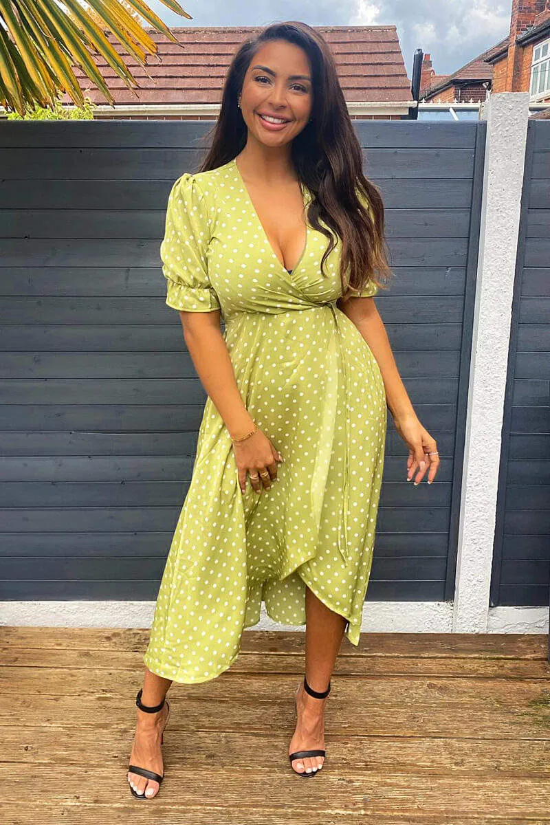Olive Polka Dot Puff Sleeve Wrap Midi Dress sold by AX Paris product image thumbnail 5