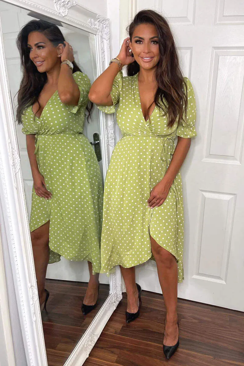 Olive Polka Dot Puff Sleeve Wrap Midi Dress sold by AX Paris product image thumbnail 2