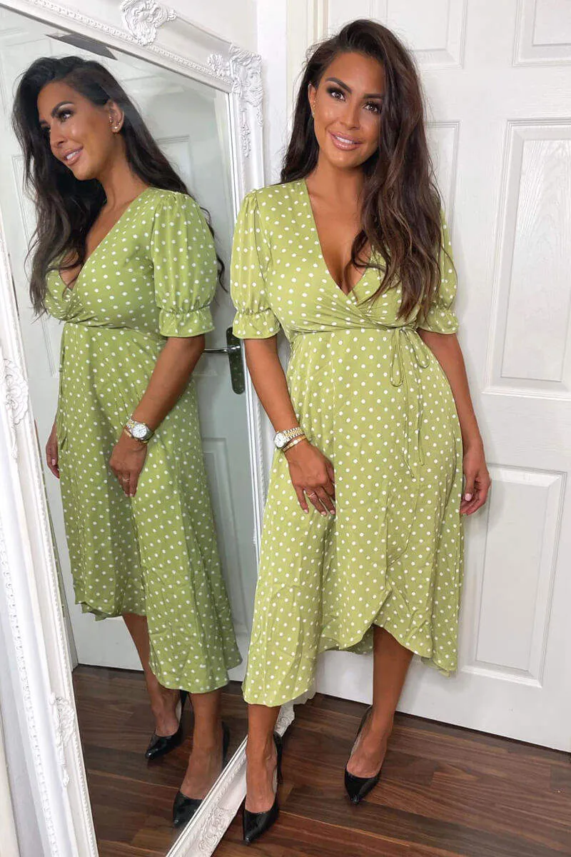 Olive Polka Dot Puff Sleeve Wrap Midi Dress sold by AX Paris product image thumbnail 3
