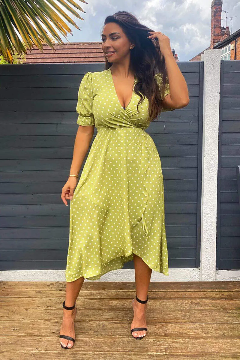 Olive Polka Dot Puff Sleeve Wrap Midi Dress sold by AX Paris product image thumbnail 4