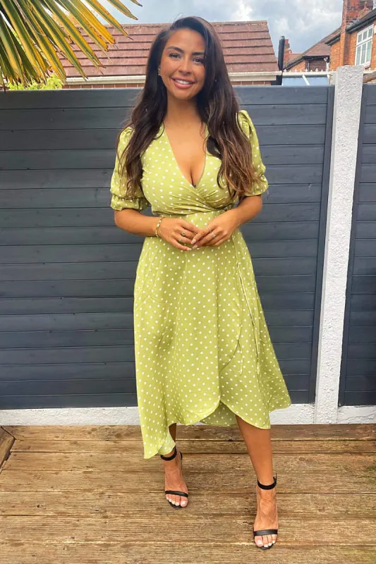 Olive Polka Dot Puff Sleeve Wrap Midi Dress sold by AX Paris